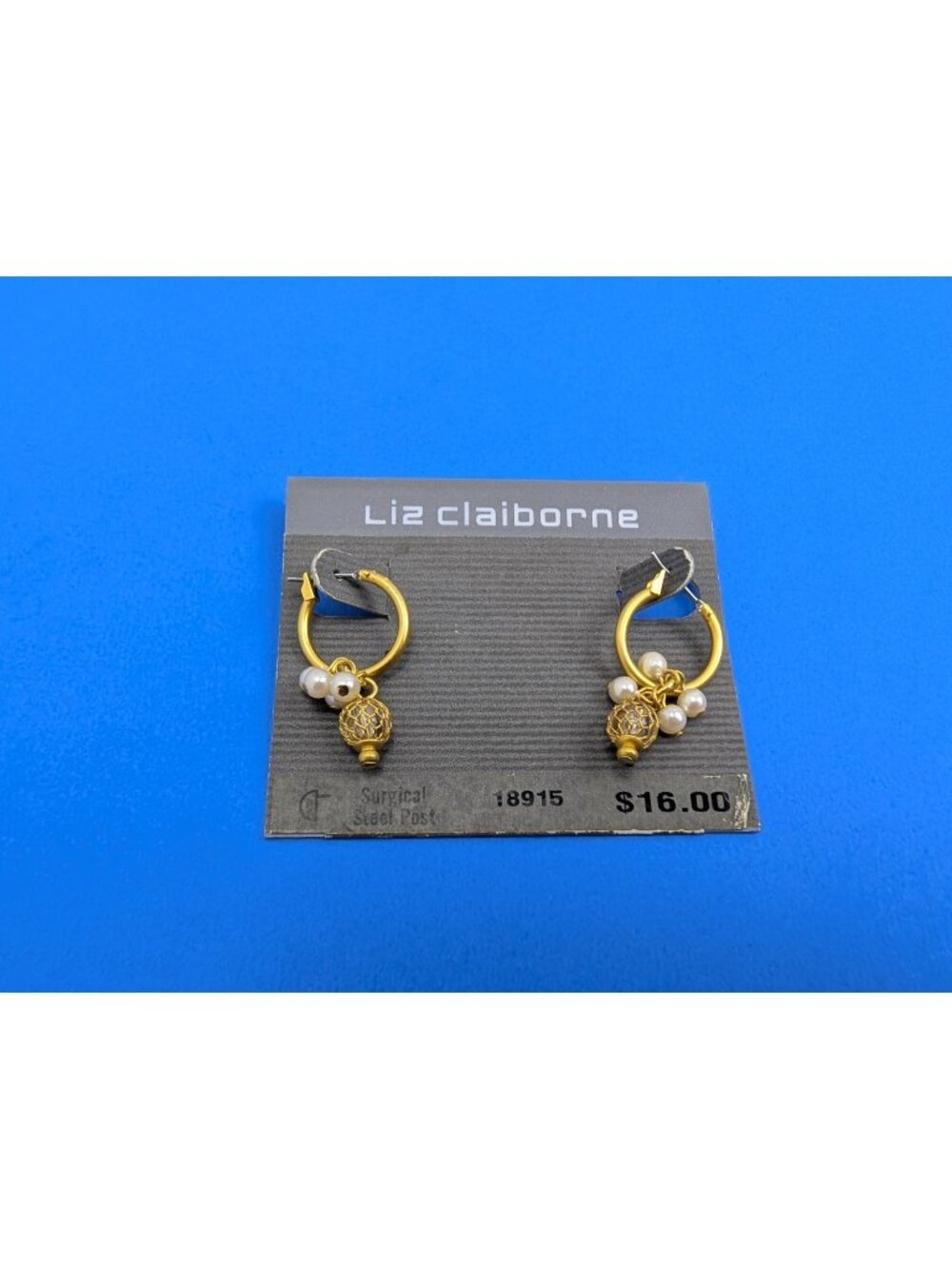 Vintage Liz Claiborne Faux Pearl Hoop Dangle Charm Lantern Gold Tone Earrings